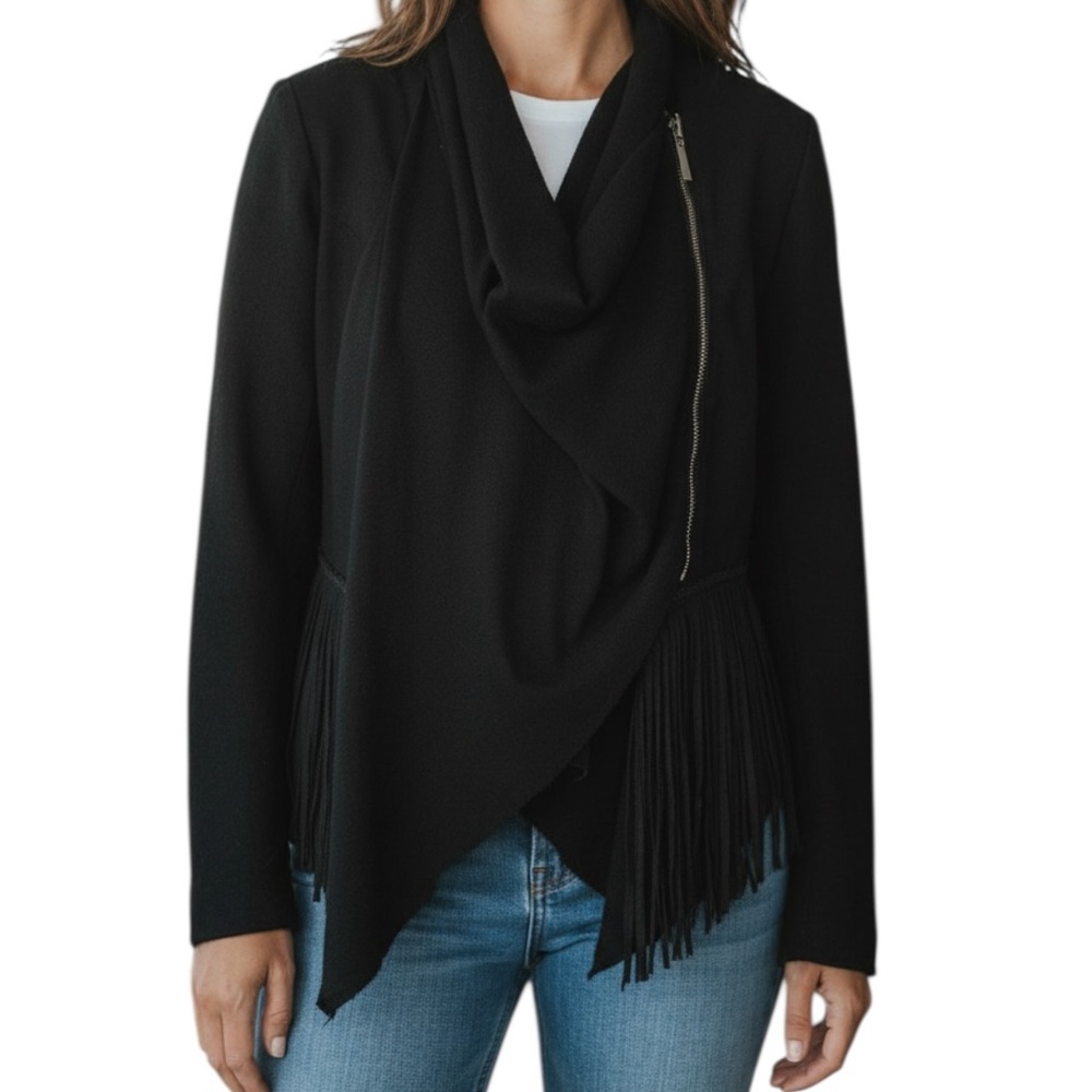 Montana Co Ponderosa Drape Front Vegan Leather Fringe Embroidered Western Jacket
